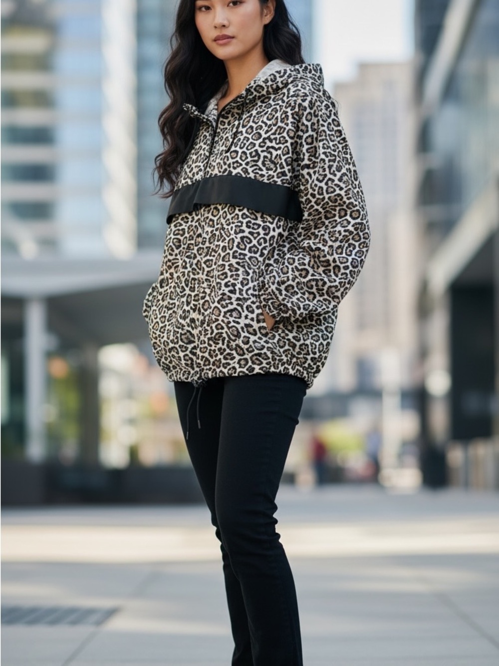 No Boundaries Leopard Print Hooded quarter zip rain Jacket - Black/Beige